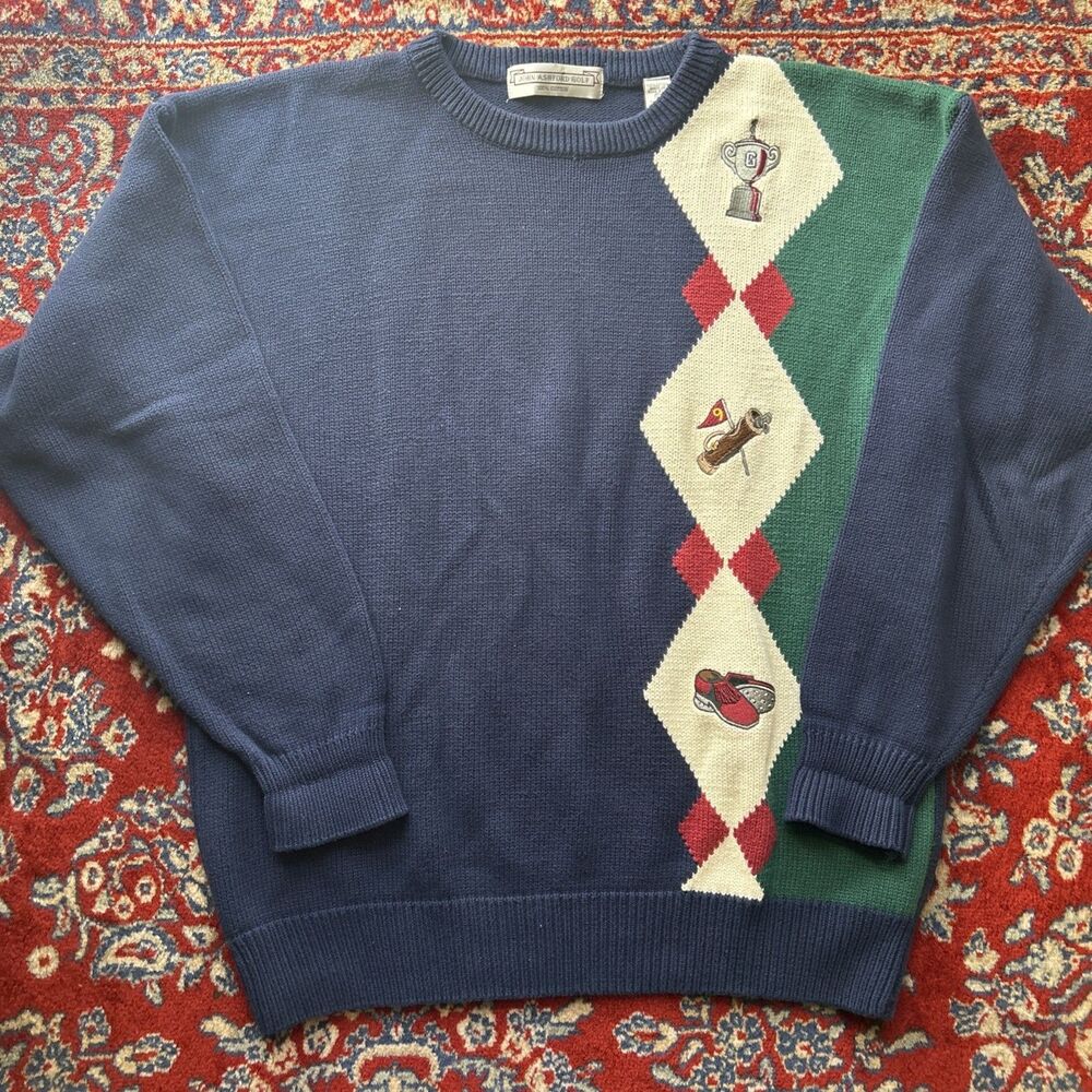 VTG John Ashford Embroidered Golf Sweater Sz Large Blue Diamond Clubs Knit